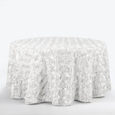 Satin 120" Round Tablecloth White - Grandiose 3D Rosette Design with Seamless Finish for Luxe Events