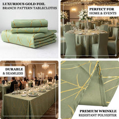 Polyester 90"x132" Rectangle Tablecloth Dusty Sage Green with Gold Foil Tree Branch Pattern - Wrinkle-Resistant Seamless Table Cover