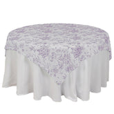 Polyester 70"x70" Table Overlay White - Lavender Lilac French Toile Pattern for Stylish Events
