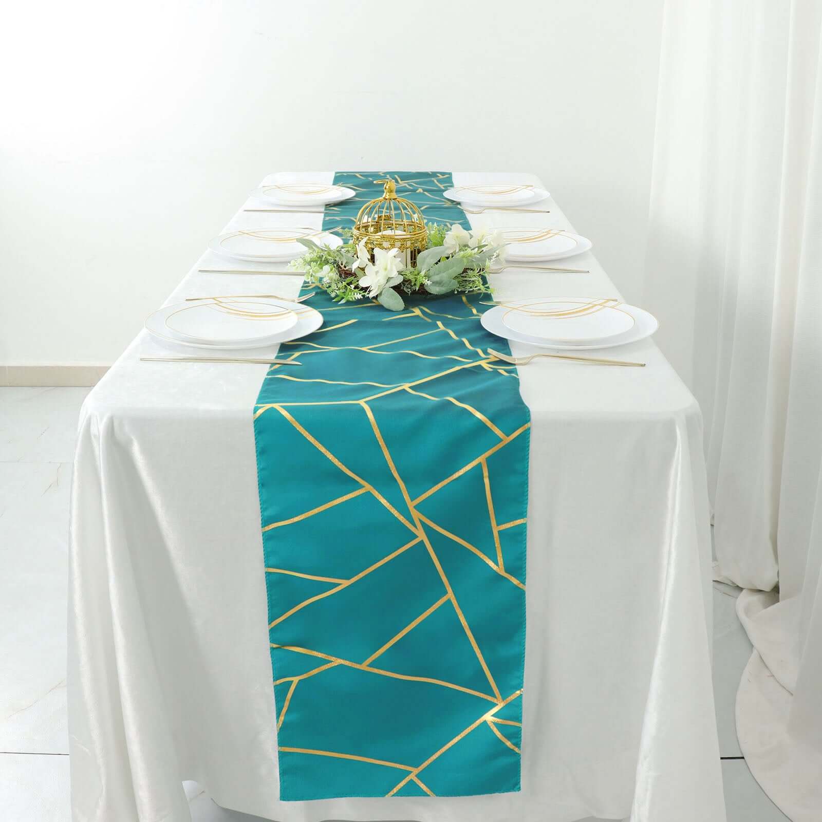 Polyester 9ft Table Runner Teal with Gold Foil Modern Geometric Accent