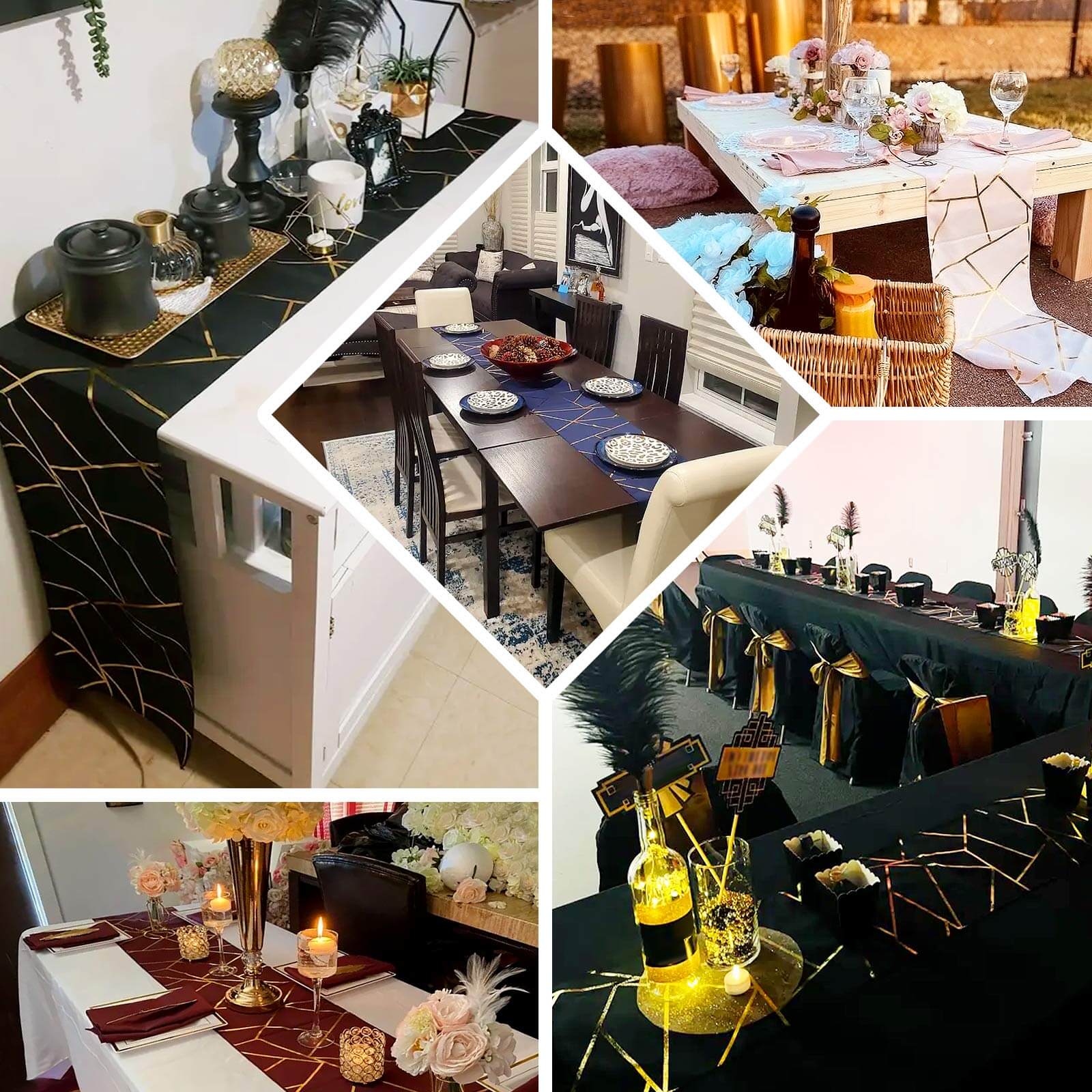 Polyester 9ft Table Runner Navy Blue with Gold Foil Modern Geometric Accent