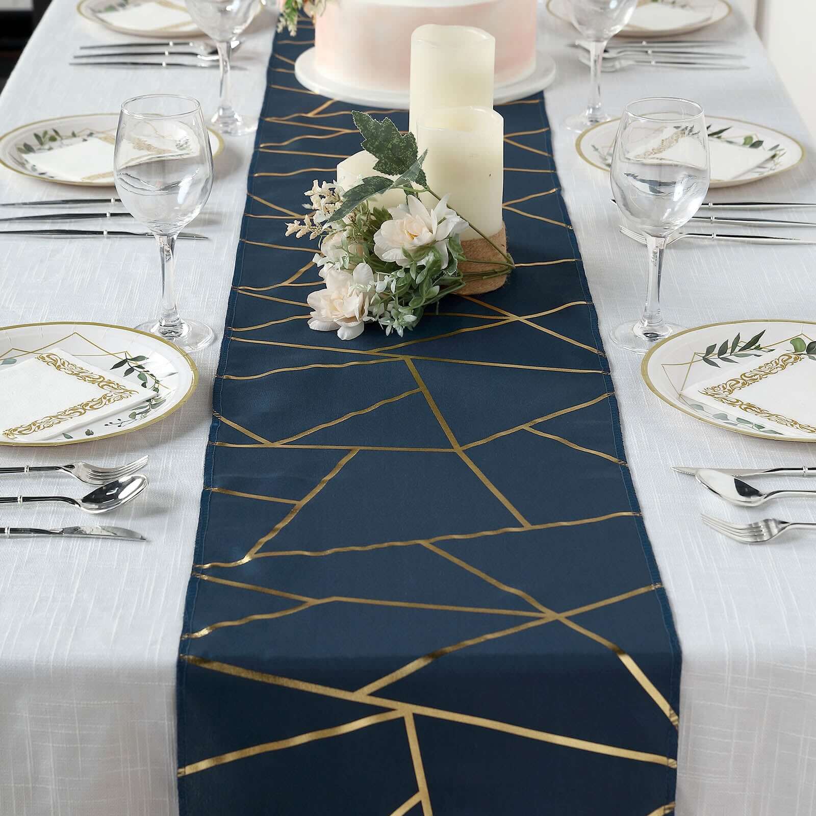 Polyester 9ft Table Runner Navy Blue with Gold Foil Modern Geometric Accent